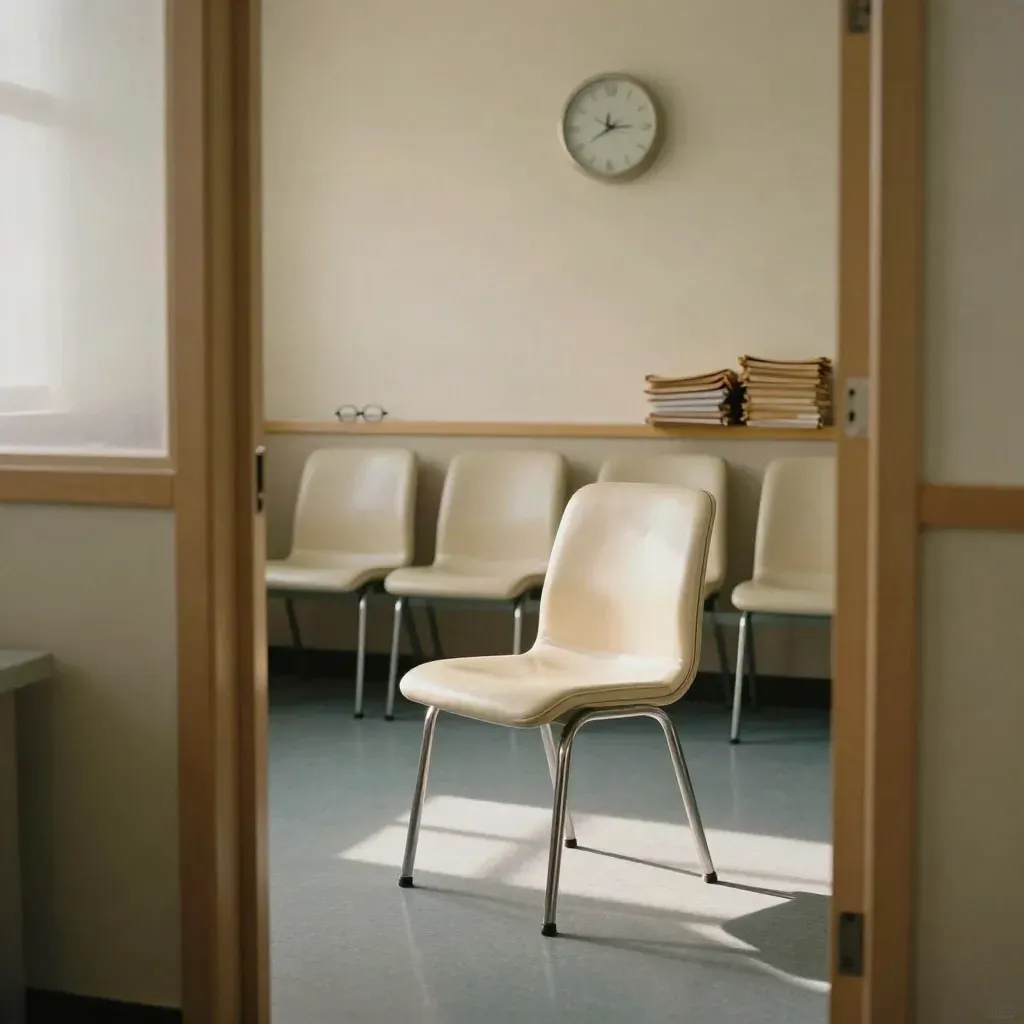 Salle d’attente vide d’un service retraite avec chaises en vinyle, horloge, lunettes et dossiers.