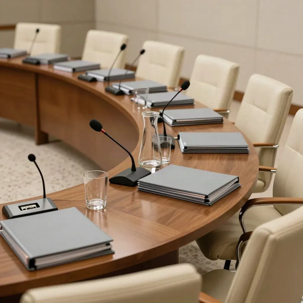 Salle de commission ministérielle vue en plongée, table ovale, dossiers scellés et micros vides.