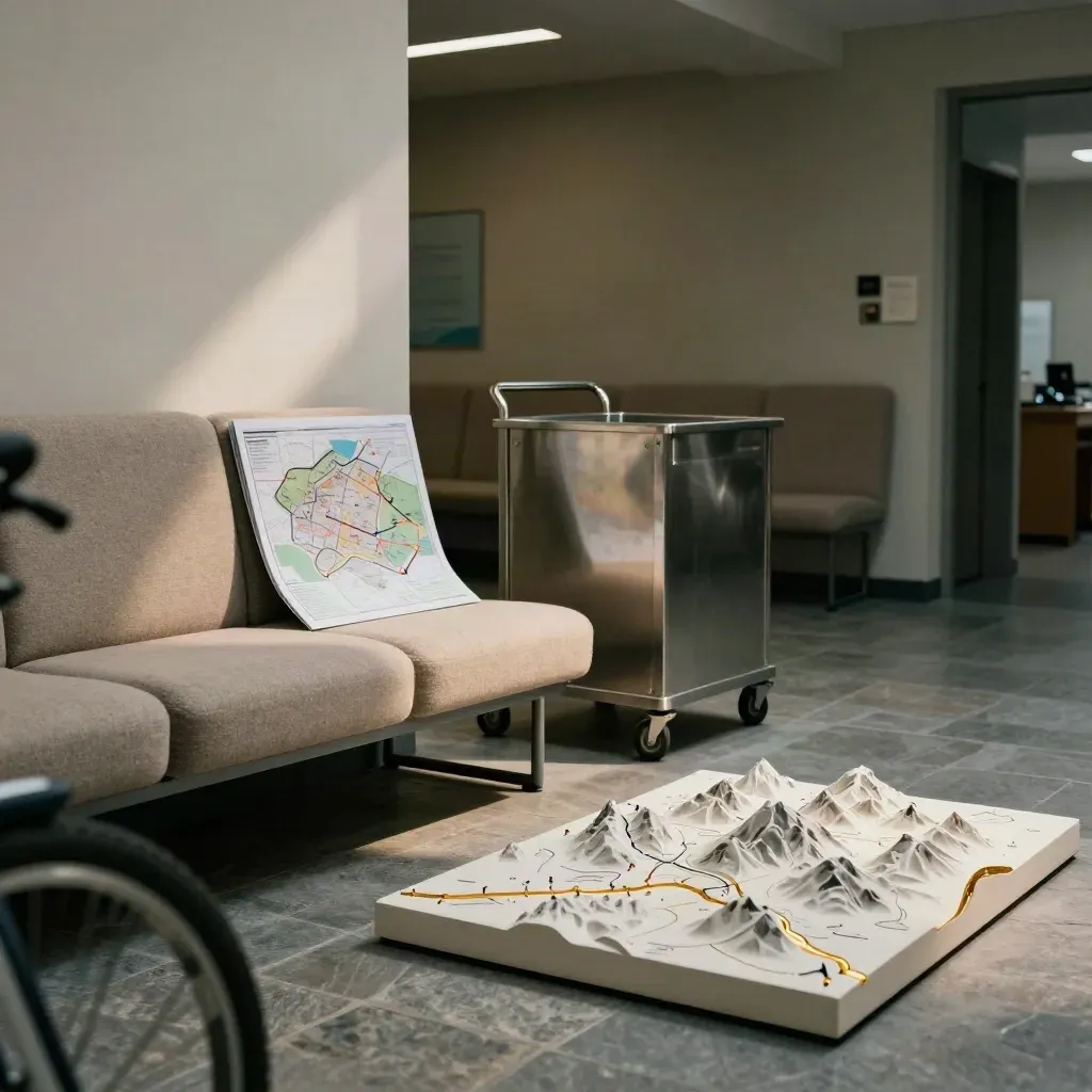 Couloir administratif régional avec chariot roulant, maquette topographique et assises modulaires.